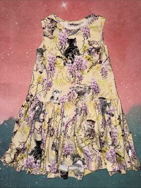 Molo Cream Dress with Purple Floral & Kitten Print girls 3 4 98 104 organic
